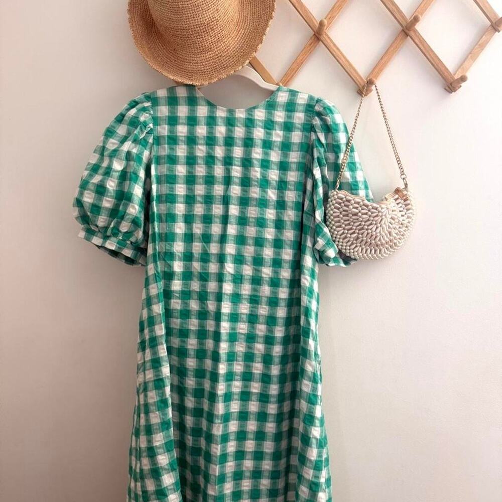 Green& white cottage core grandma core country gingham dress with Puffed Sleeves